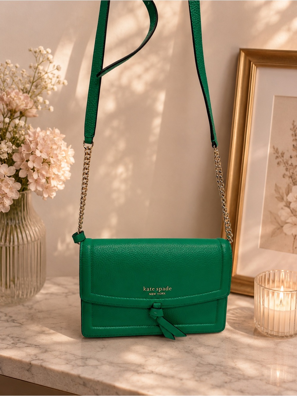 kate spade- Knott- Pebbled Leather- Flap Crossbody- Yucca -$198 EUC GREEN